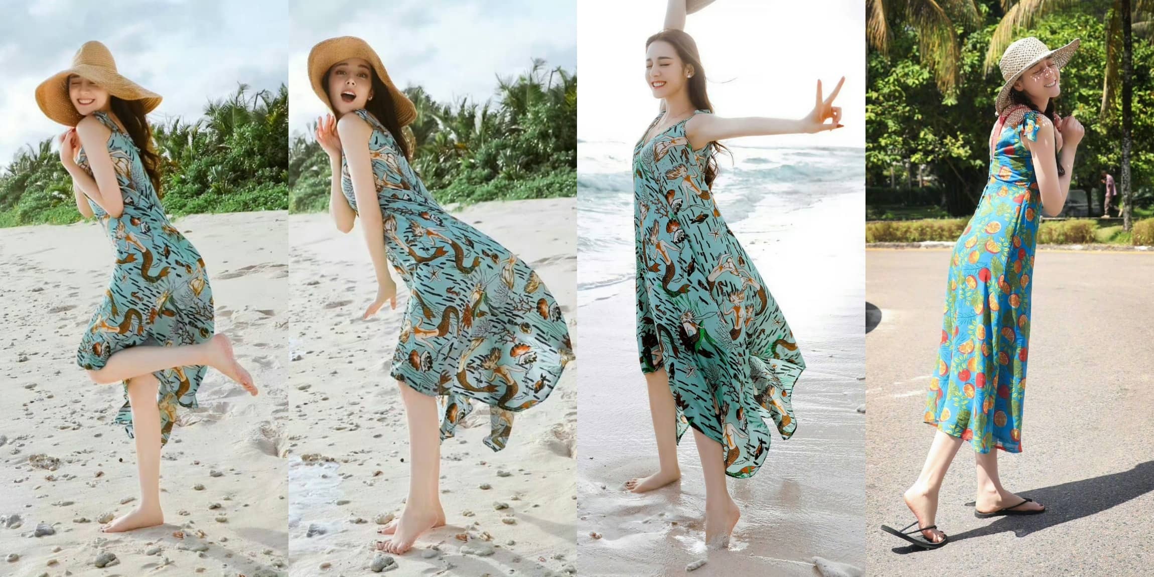 迪丽热巴，夏日碎花光脚丫
