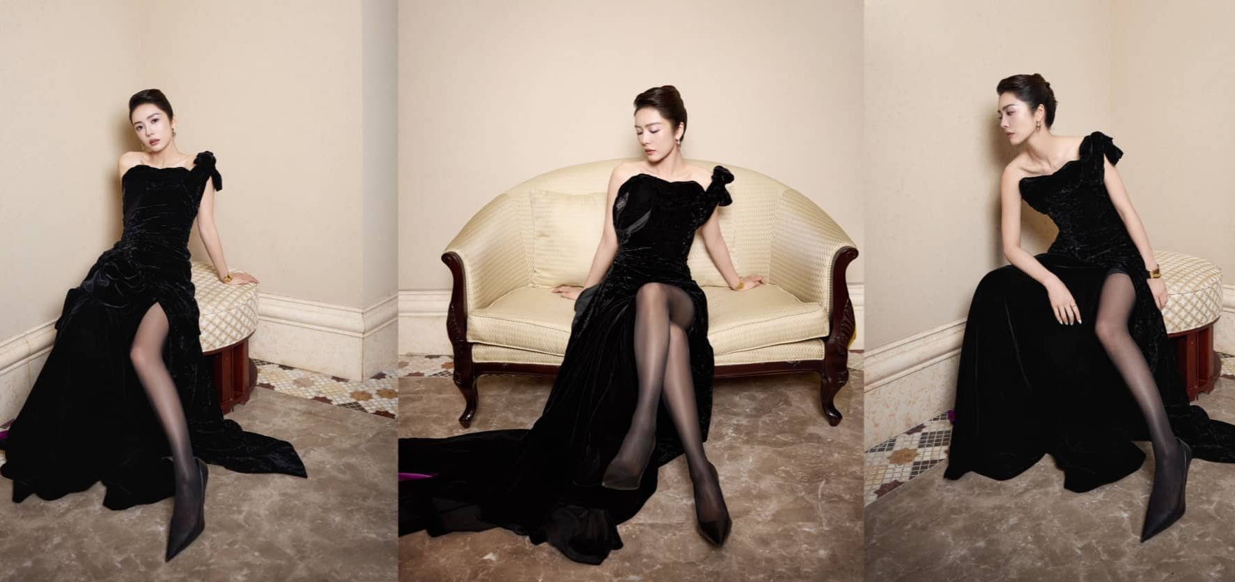 蔡文静，淡颜黑裙，丝袜妆造酷飒又优雅