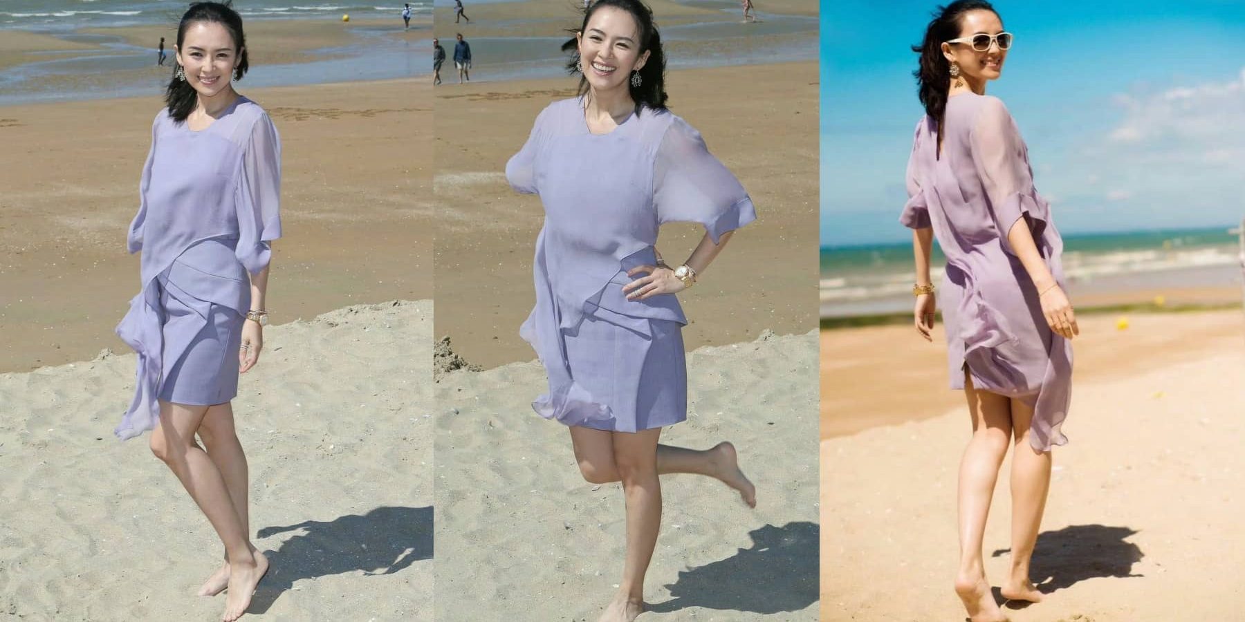 章子怡早期沙滩照，光脚丫姐姐甜笑可人