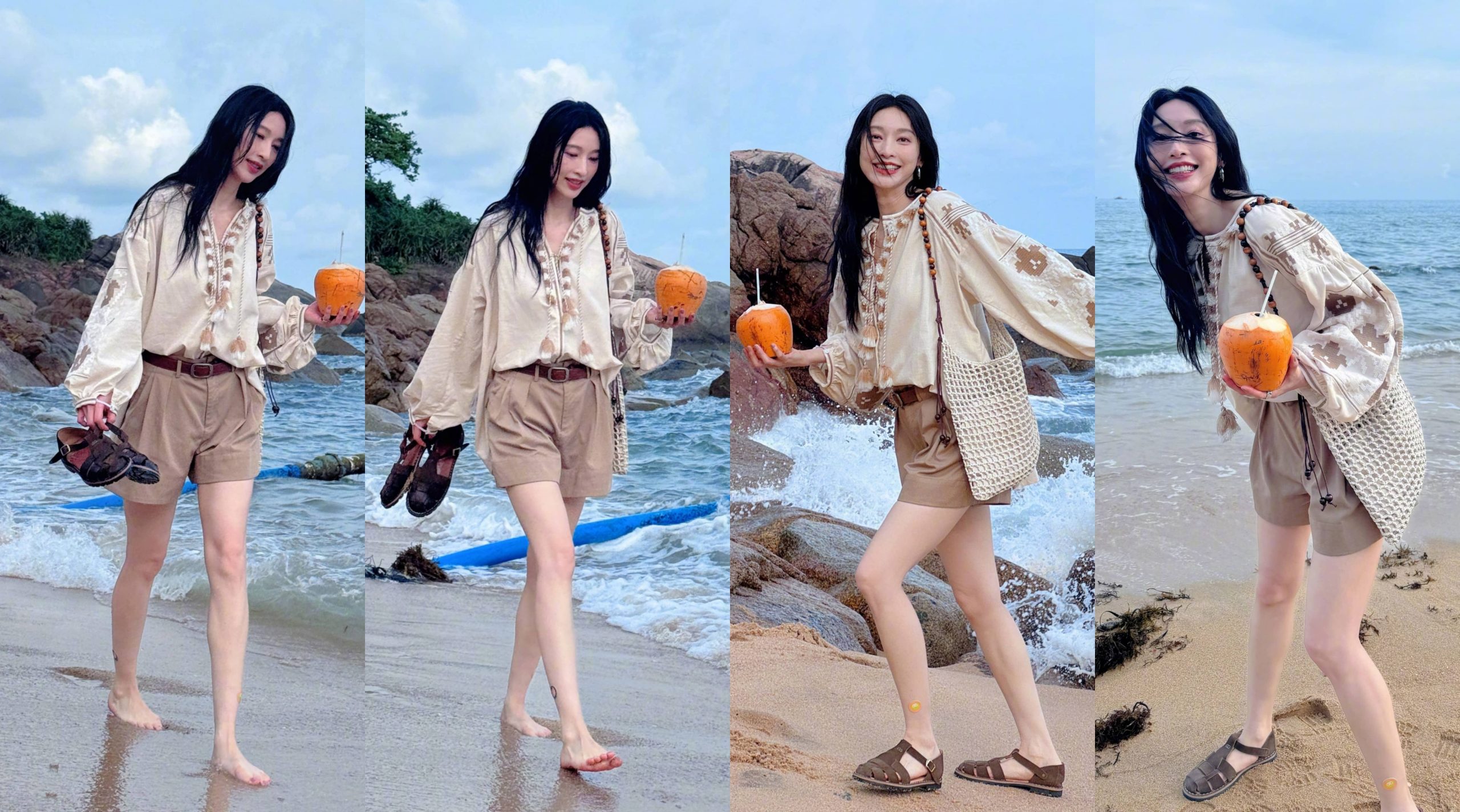 张俪夏日海滩随拍，美腿轻盈少女感