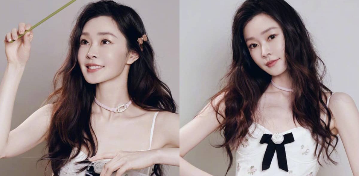 宋轶穿搭壁纸，长发吊带裙，今日份甜度满格