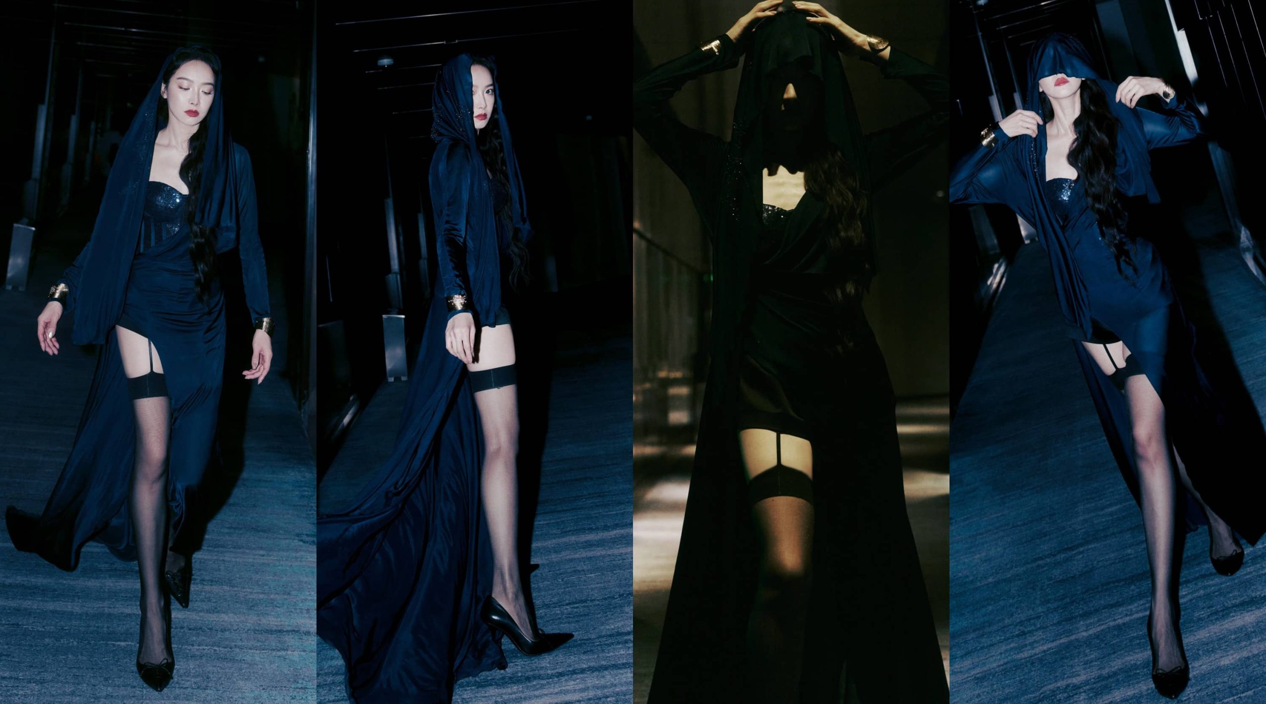 宋茜壁纸精选：暗夜幽蓝色彩，丝袜妆造大长腿