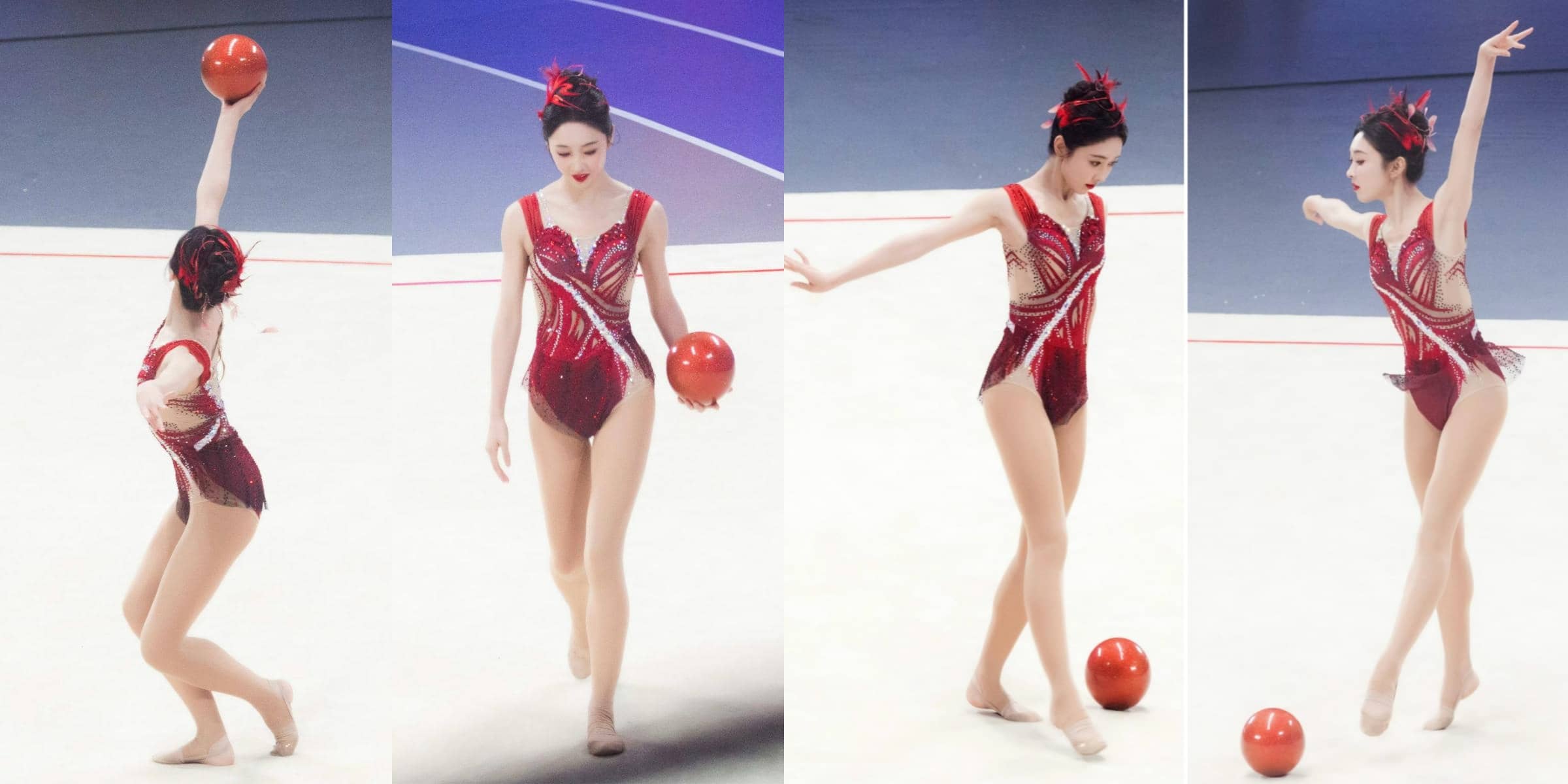 宣璐艺术体操妆造，玫红服饰，体态纤美多姿