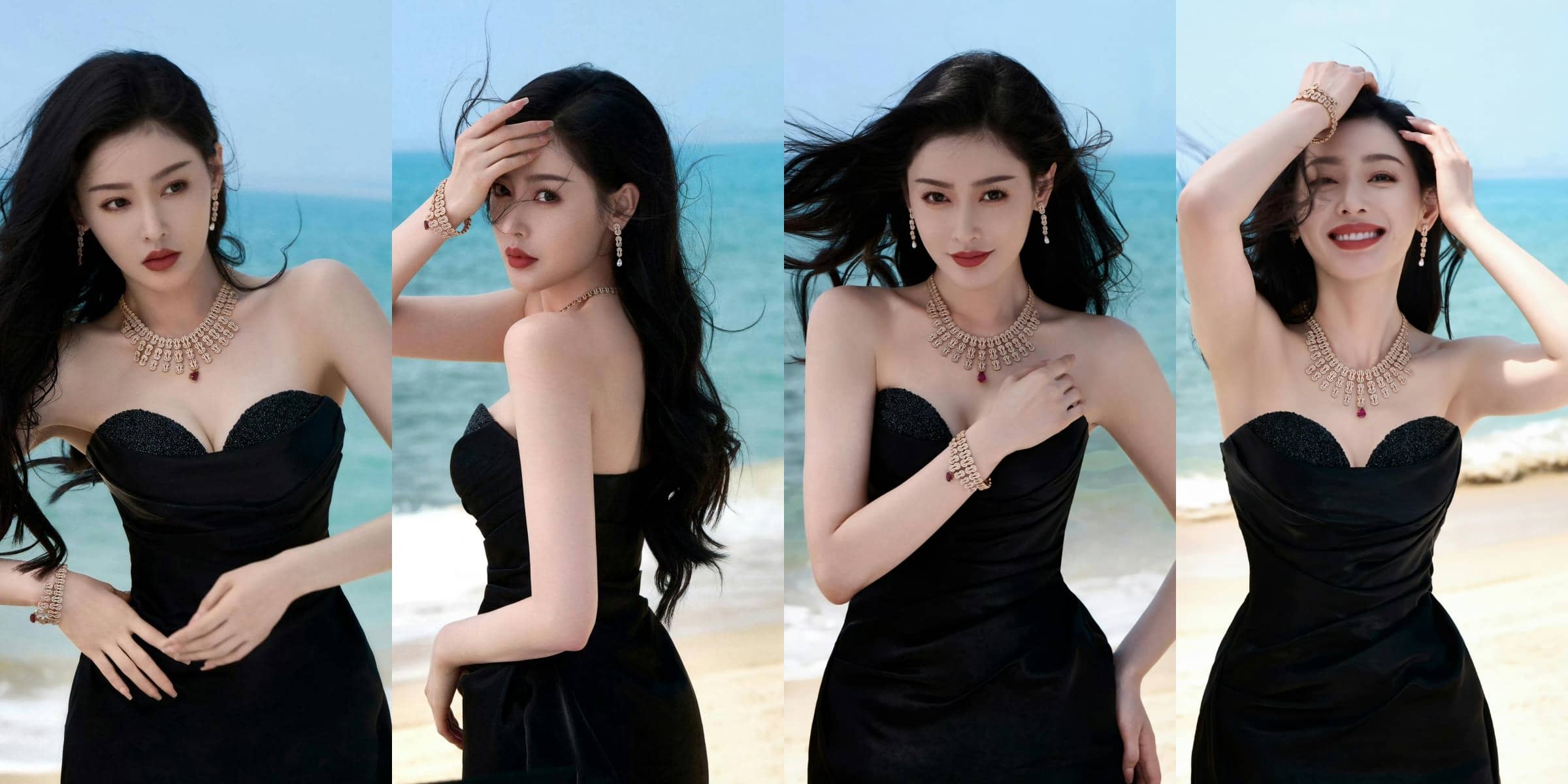 张天爱海边美拍，抹胸黑裙，太精致了吧