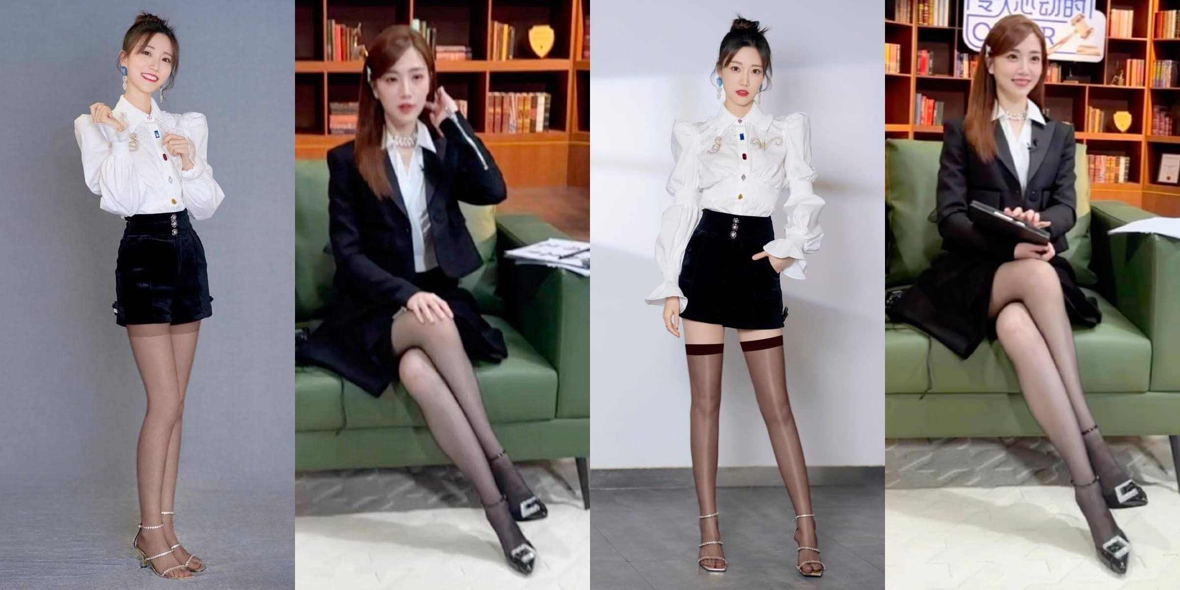小妖精张纯烨，黑色西装短裙，搭配丝袜美腿妆造
