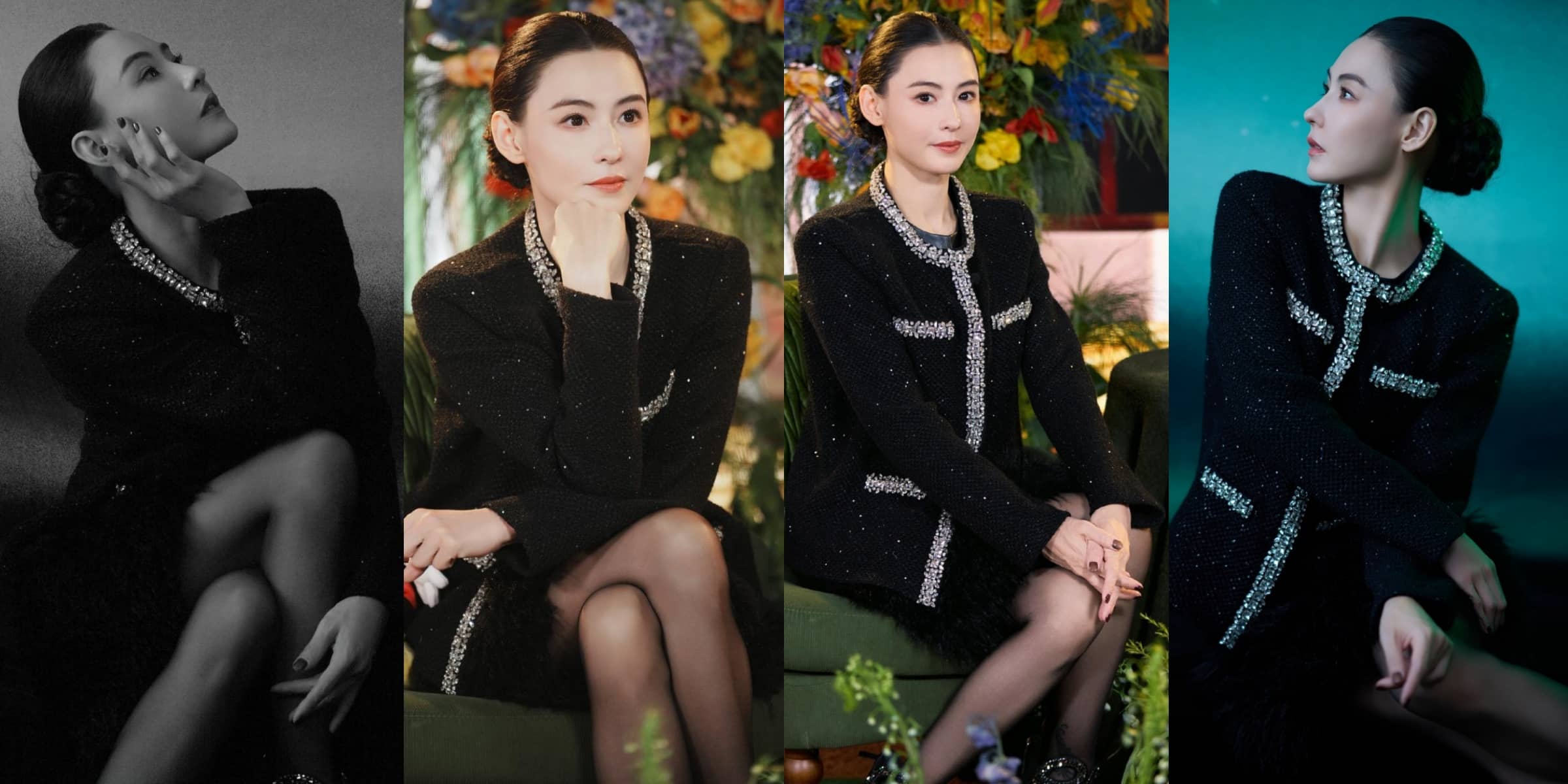 张柏芝黑色小香风，丝袜妆造写真