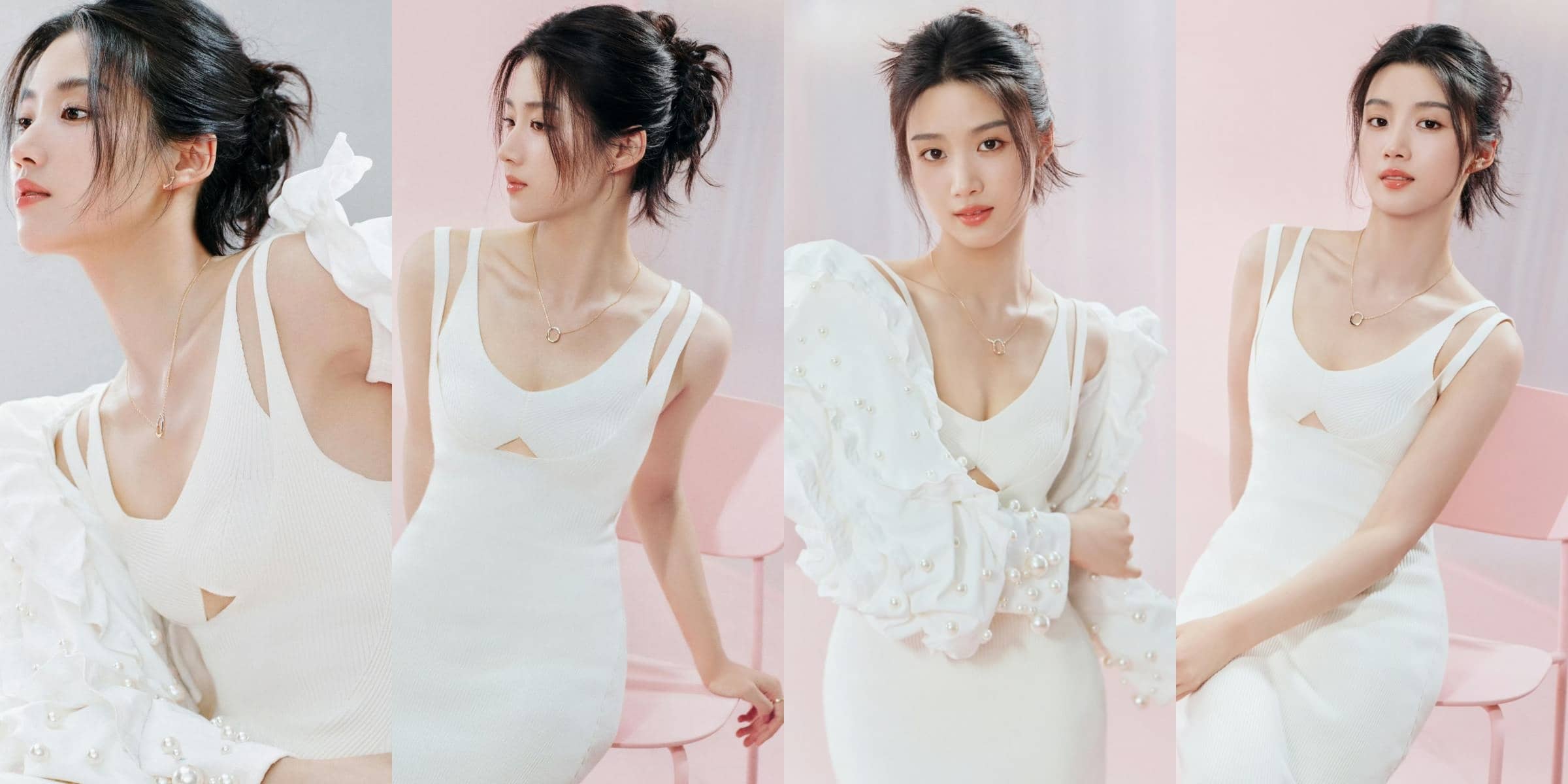 卢昱晓，双肩带白裙造型，治愈甜美