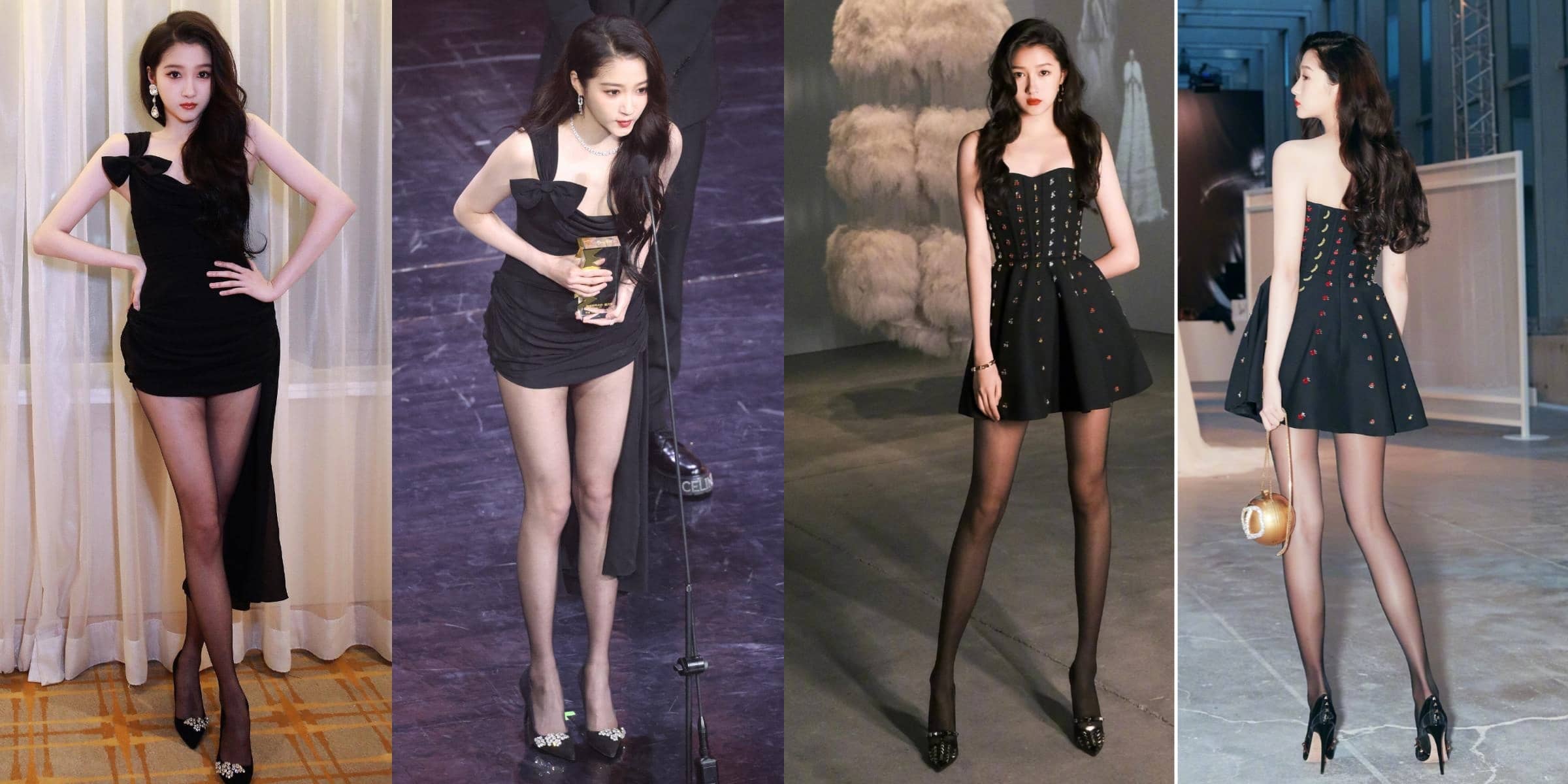 关晓彤，经典黑裙丝袜大长腿，这身材太吸睛了