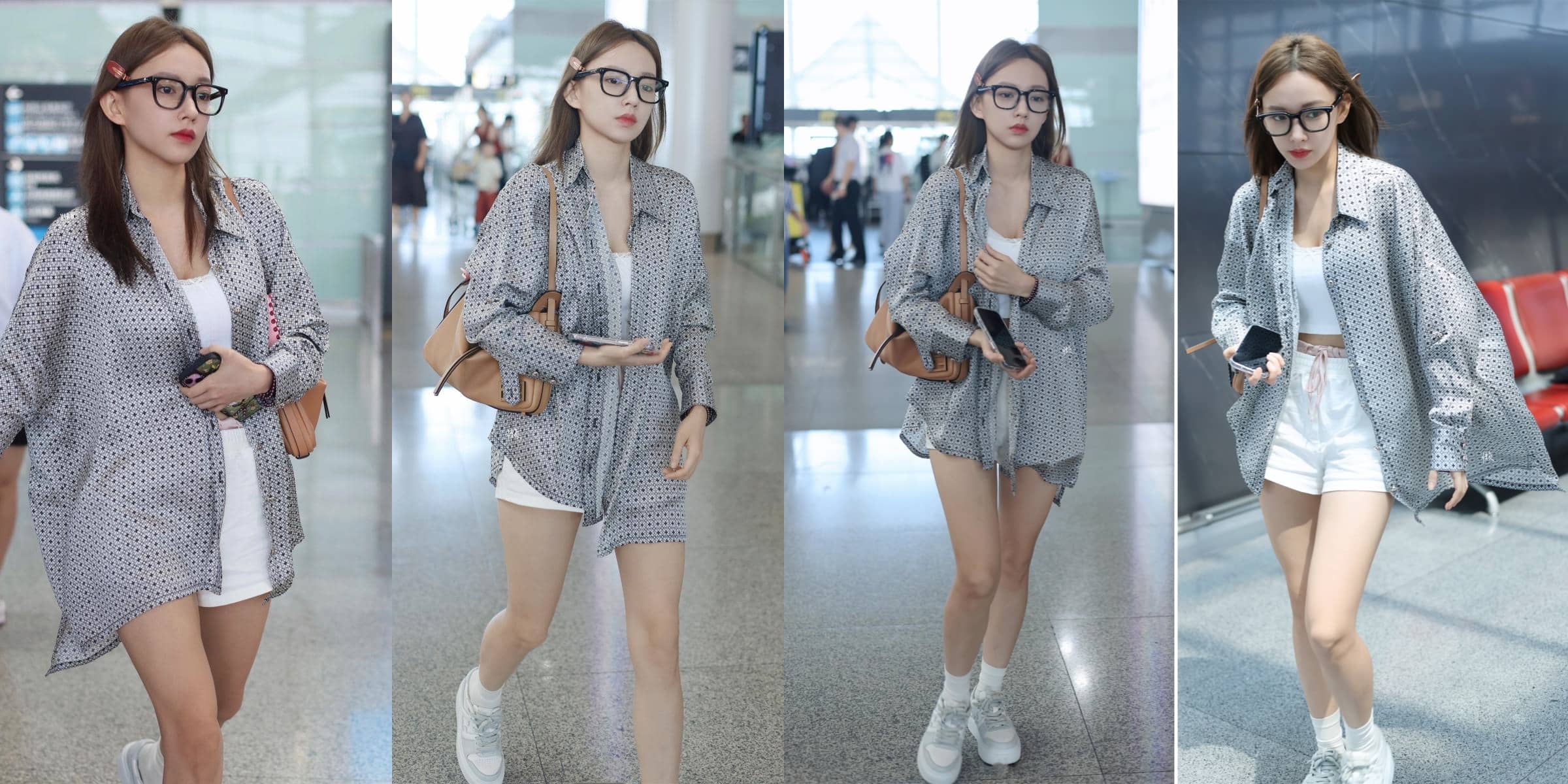 程潇机场私服美拍，白色抹胸紧身短裤，酷美的眼镜少女