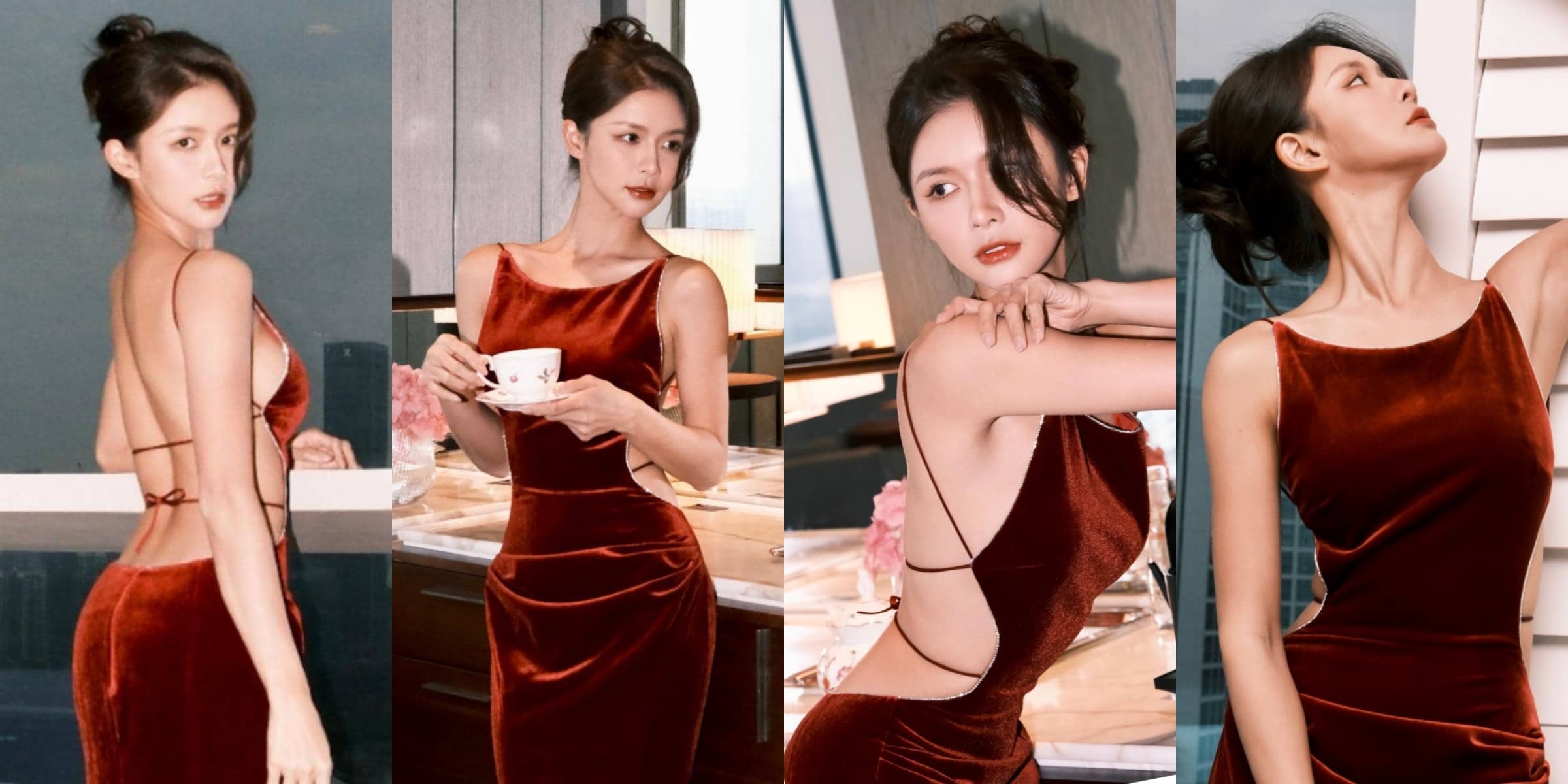 蔡卓宜，丝绒红裙，这个大露背好美