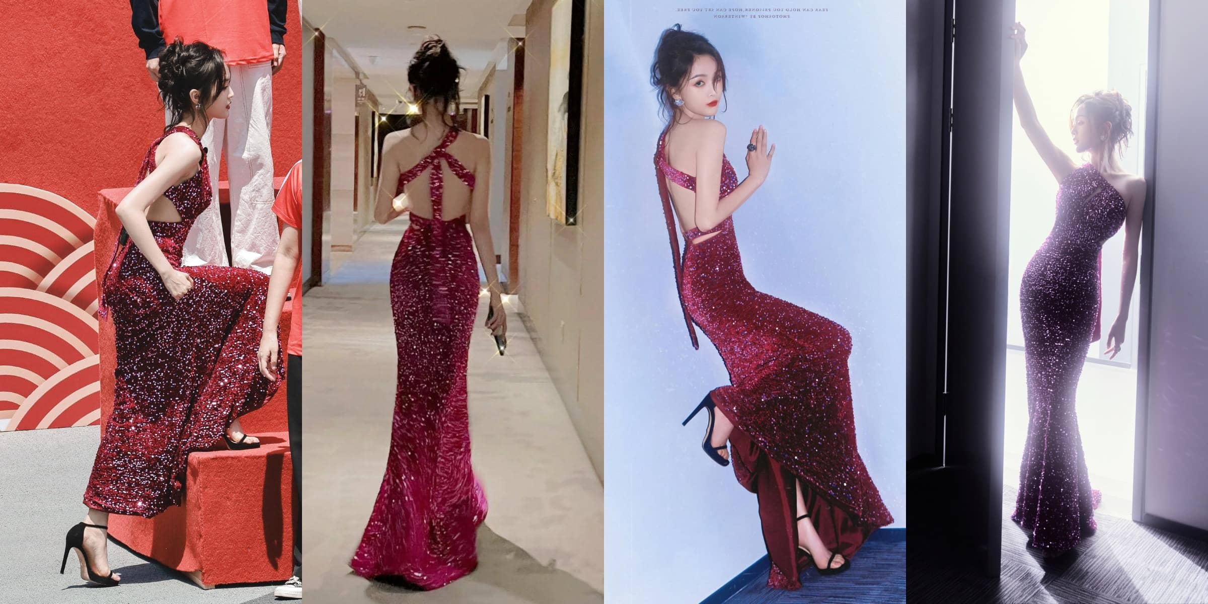 吴宣仪，玫瑰色彩闪钻长裙，穿出好身材