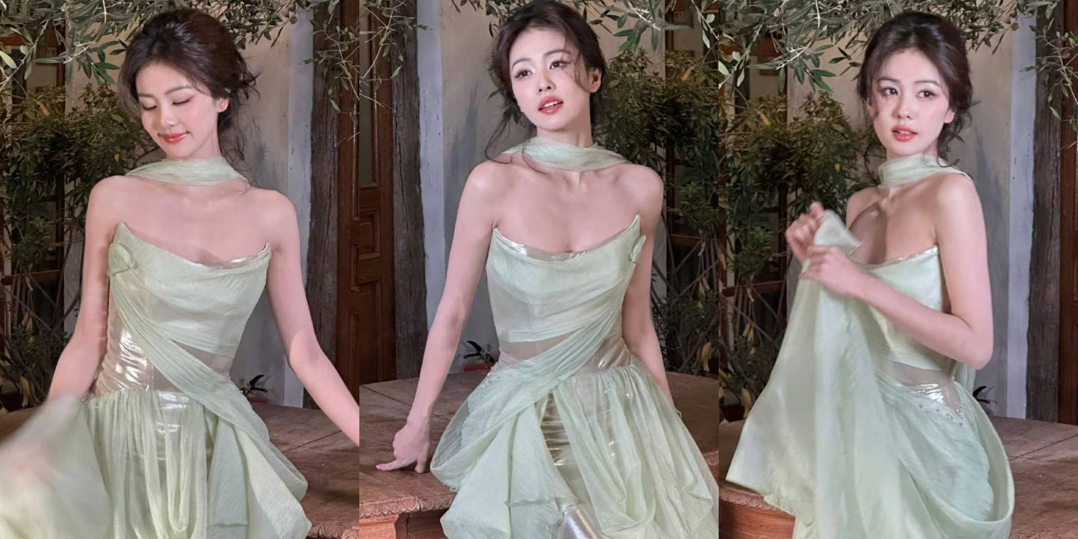 白鹿唯美穿搭壁纸，薄荷绿纱裙，轻盈柔美